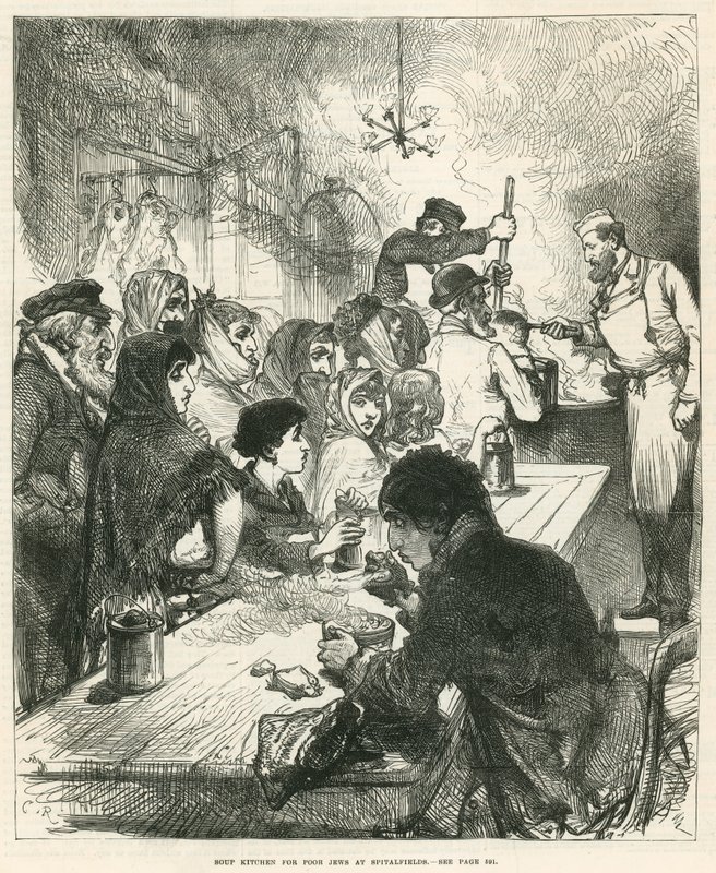 Suppekøkken for fattige jøder i Spitalfields, London af English School