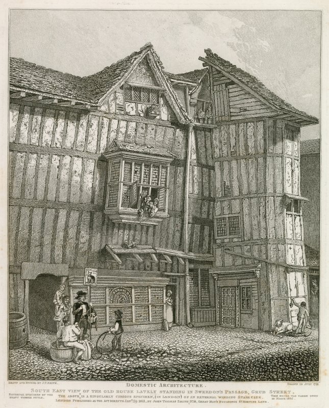 Sydøst Udsigt over et gammelt hus, der for nylig stod i Sweedons Passage, Grub Street af English School