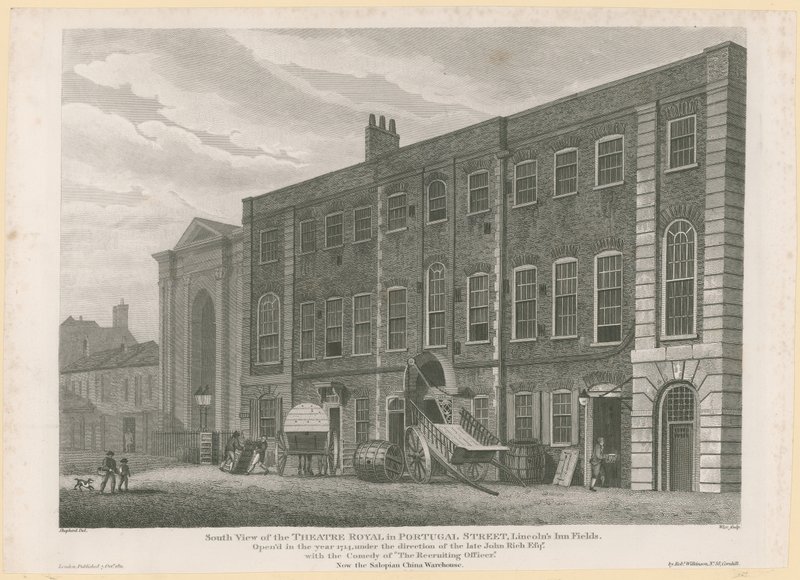 Sydlig udsigt over det tidligere Theatre Royal i Portugal Street, Lincolns Inn Fields af English School