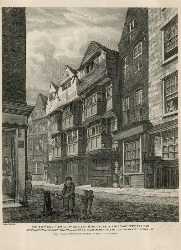 Sydvestlig udsigt over en gammel struktur i Ship Yard Temple Bar, der formodes at have været residensen for Elias Ashmole, den berømte antikvar af English School