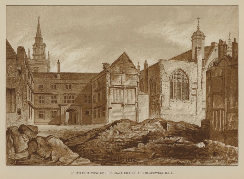 Sydøst udsigt over Guildhall Chapel og Blackwell Hall, City of London af English School