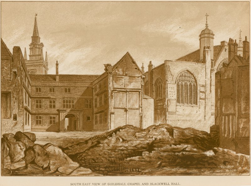 Sydøst udsigt over Guildhall Chapel og Blackwell Hall, London af English School