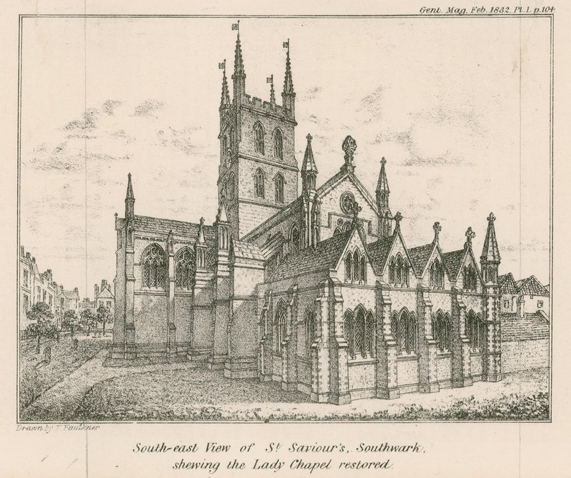 Sydøst udsigt over St Savios Church, Southwark, som viser Lady Chapel restaureret af English School
