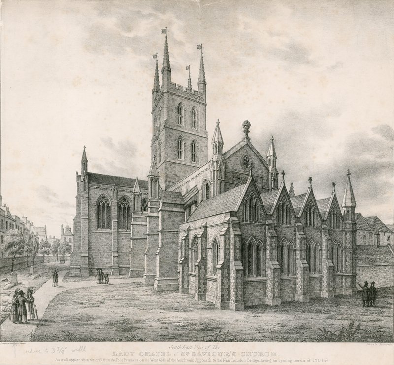 Sydøst udsigt over Lady Chapel, St Saviours Church, Southwark af English School