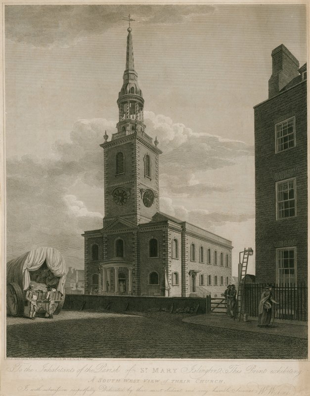 Sydlig udsigt over St Marys Church, Islington, London af English School