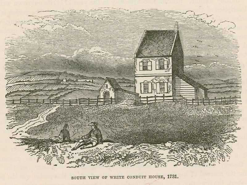 Sydlig udsigt over White Conduit House, Islington, London af English School