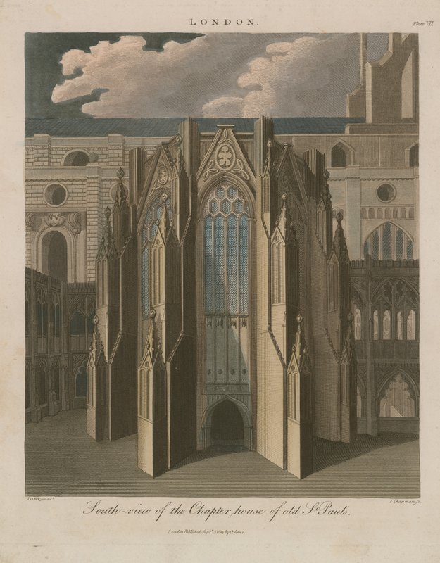 Sydlig udsigt over Chapter House of Old St Pauls Cathedral af English School