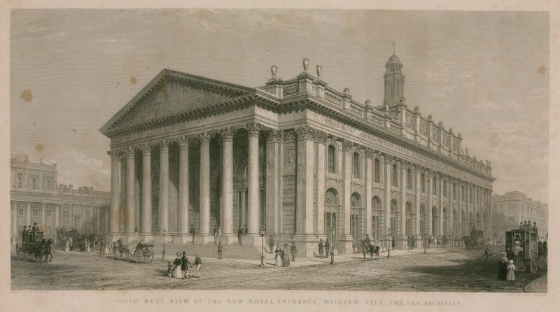 Sydvest udsigt over den nye Royal Exchange, London af English School