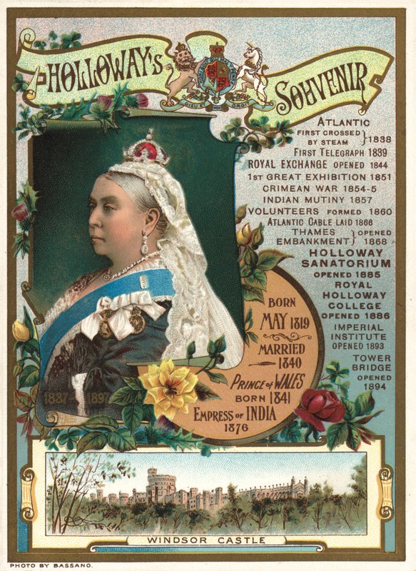 Souvenir fra dronning Victorias diamantjubilæum i 1897, der viser de vigtigste begivenheder under hendes regeringstid (chromolitho) af English School