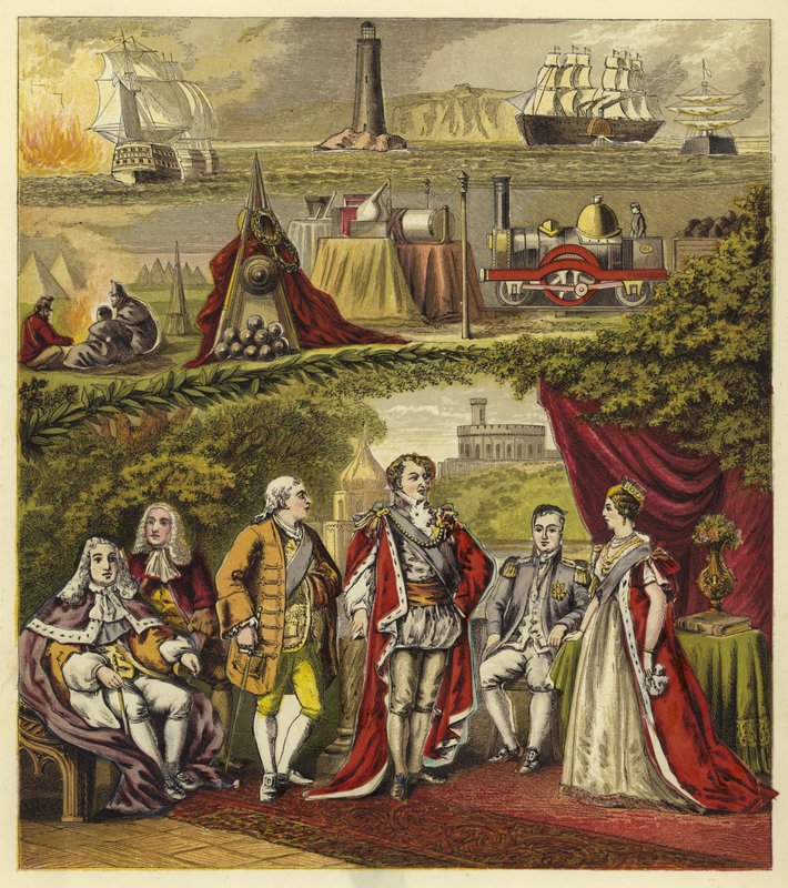 Suveræner af huset Hannover; King George I, King George II, King George III, King George IV, King William IV, Queen Victoria af English School