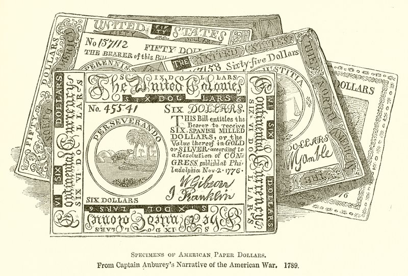 Eksemplarer af amerikanske papirdollars af English School