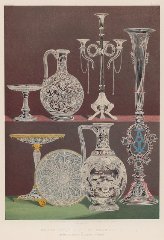 Prøver af indgraveret glas af Mrs. Dobson og Pearce, London af English School