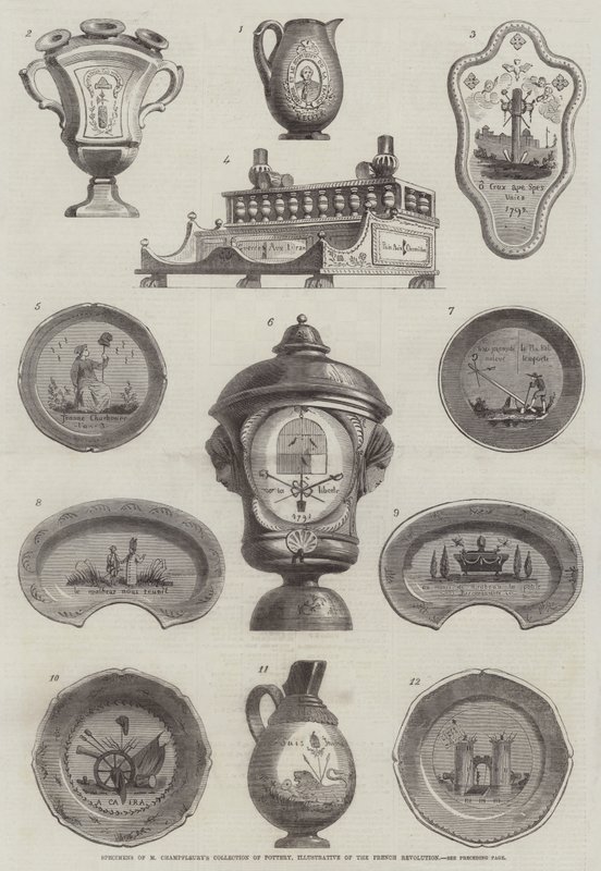 Eksemplarer af M Champfleurys samling af keramik, illustration af den franske revolution (gravering) af English School