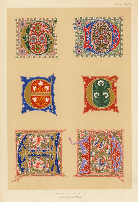 Eksempler på illuminerede initialer fra det 14. og 15. århundrede (farvelitografi) af English School