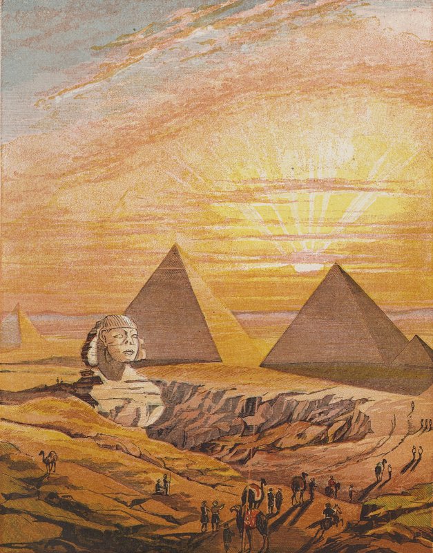 Sfinksen og pyramiderne i Giza, Egypten (farvelitografi) af English School