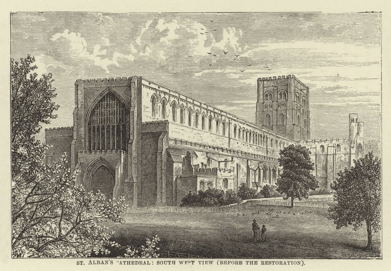 St Albans Cathedral, sydvestlig udsigt, før restaureringen af English School