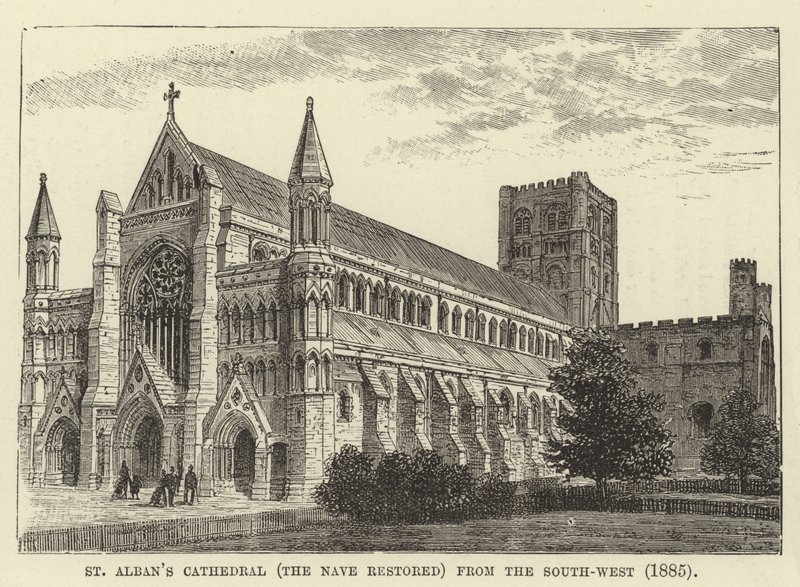 St Albans Cathedral, skib restaureret, fra sydvest, 1885 af English School
