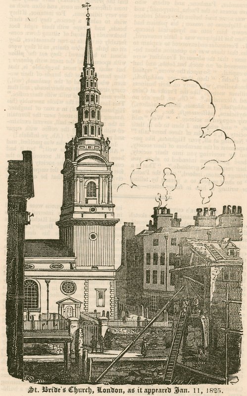 St Brides Church, Fleet Street, London, som den så ud 11. januar 1825 af English School