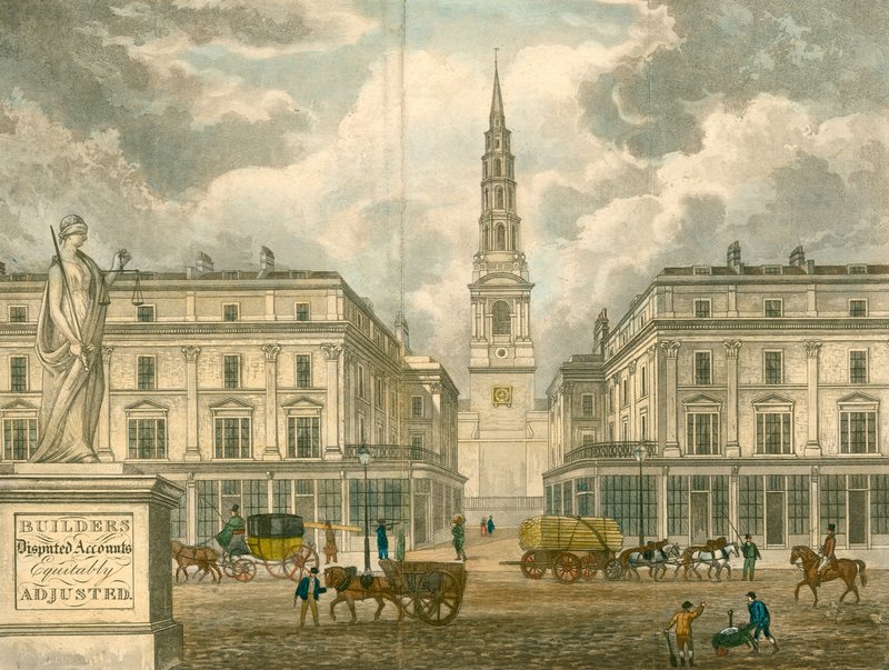 St Brides Church, Fleet Street, London; fra en annonce for Z Skyring, landmåler, Primrose Street, Bishopsgate af English School