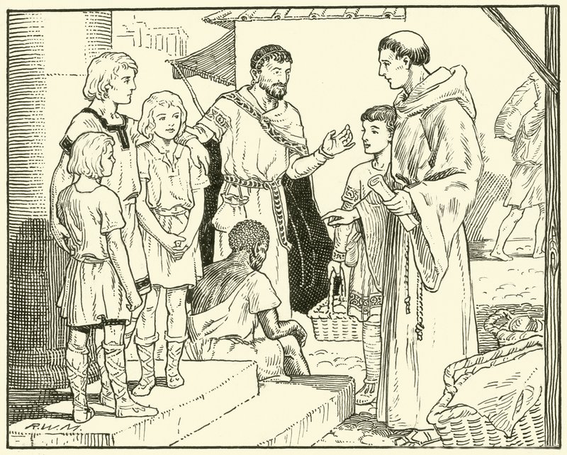 St. Gregory og de engelske slaver (blæk på papir) af English School