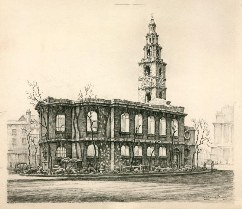 St Mary-Le-Strand, London, blyantskitse dateret 1942 af English School