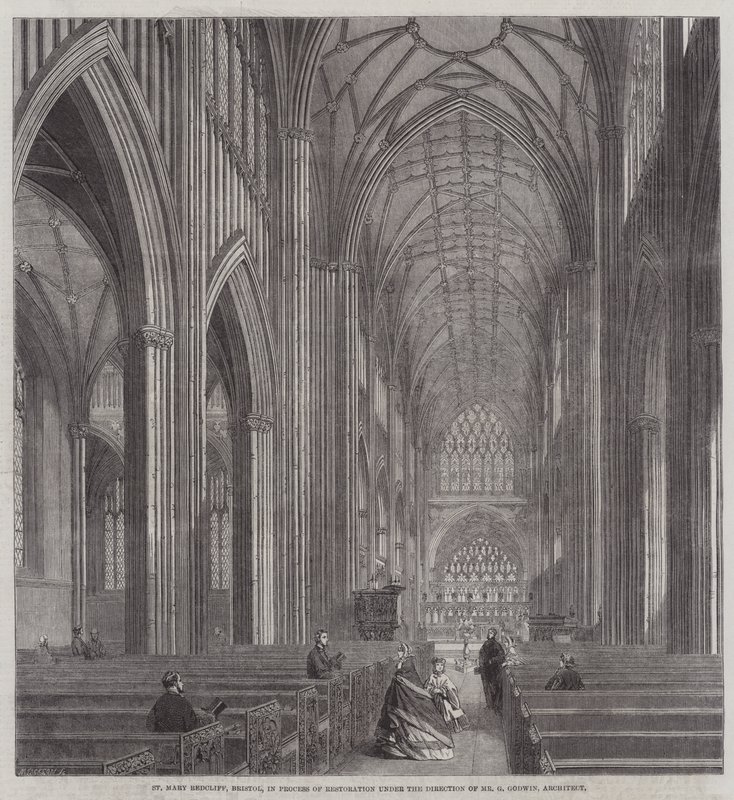 St Mary Redcliffe, Bristol, i gang med restaurering under ledelse af hr. G Godwin, arkitekt (gravering) af English School