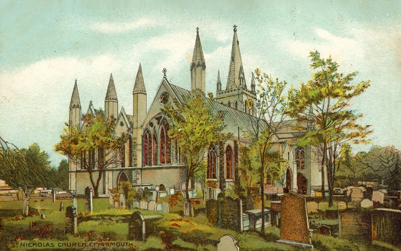 St Nicholas Church, Great Yarmouth (farve litho) af English School