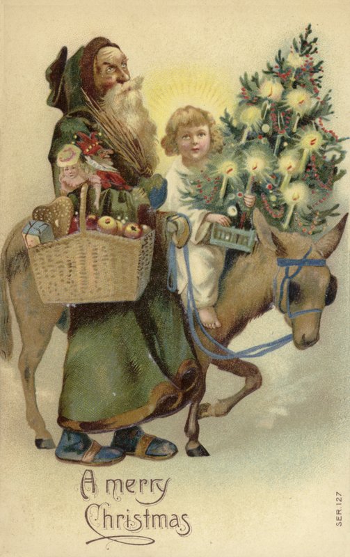 St Nicholas og Jesus Kristus, med juletræ og gaver af English School