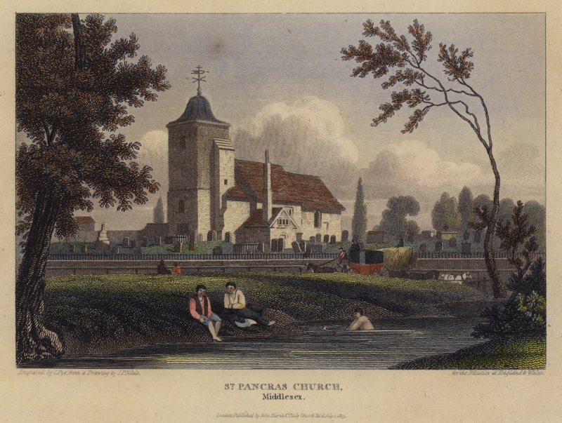 St Pancras Church, Middlesex (farvet gravering) af English School