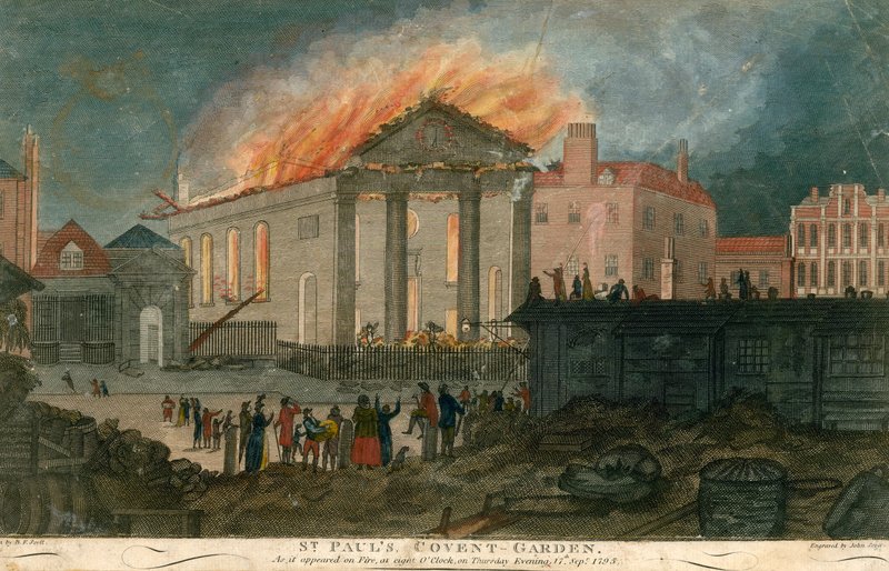 St Pauls Church, Covent Garden, London, som den så ud i brand klokken 8 om aftenen den 17. september 1795 af English School