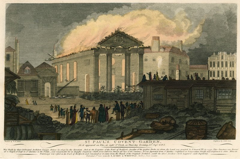 St Pauls, Covent Garden, London, som den så ud i brand om aftenen den 17. september 1795 af English School