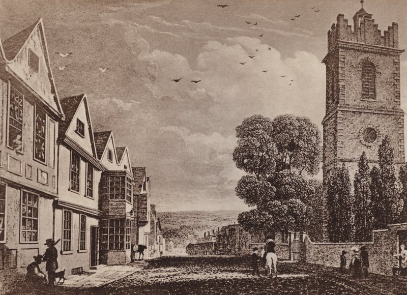 Peterskirken og North Hill Colchester (litho) af English School