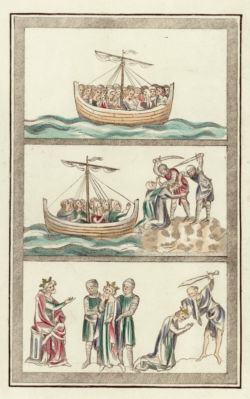 Sankt Ursula med sine jomfruelige ledsagere, Sankt Ursulas martyrium, Sankt Albans Martyrium (farvet indgravering) af English School