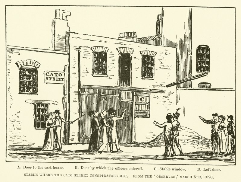 Stald hvor Cato Street Conspirators mødtes, fra Observer, 5. marts 1820 (gravering) af English School