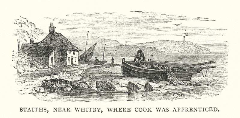 Staiths, nær Whitby, hvor Cook blev udlært (farvet gravering) af English School