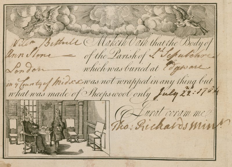 Erklæring om, at Ann Slone blev begravet i fåreuld, 1784 af English School