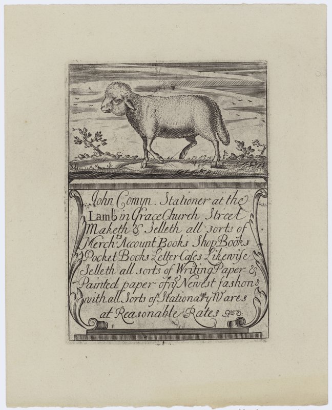 Stationer, John Comyn, trade card af English School