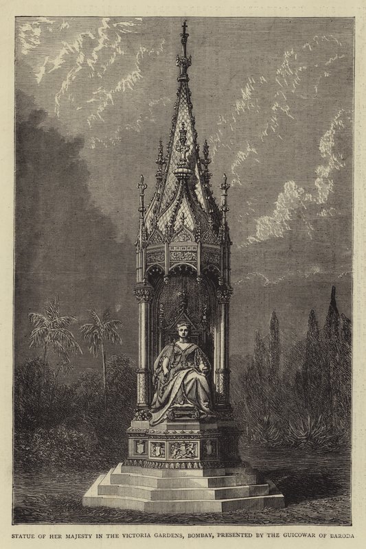 Statue af Hendes Majestæt i Victoria Gardens, Bombay, præsenteret af Guicowar of Baroda (gravering) af English School