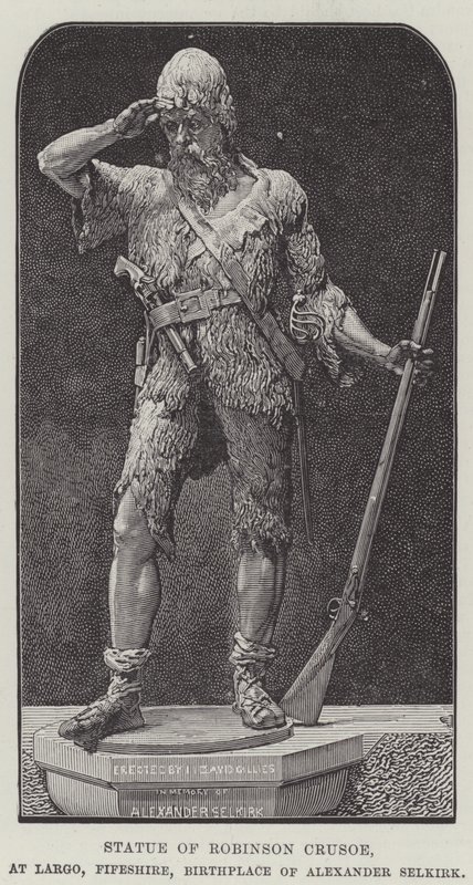 Statue af Robinson Crusoe, ved Largo, Fifeshire, Alexander Selkirks fødested (gravering) af English School