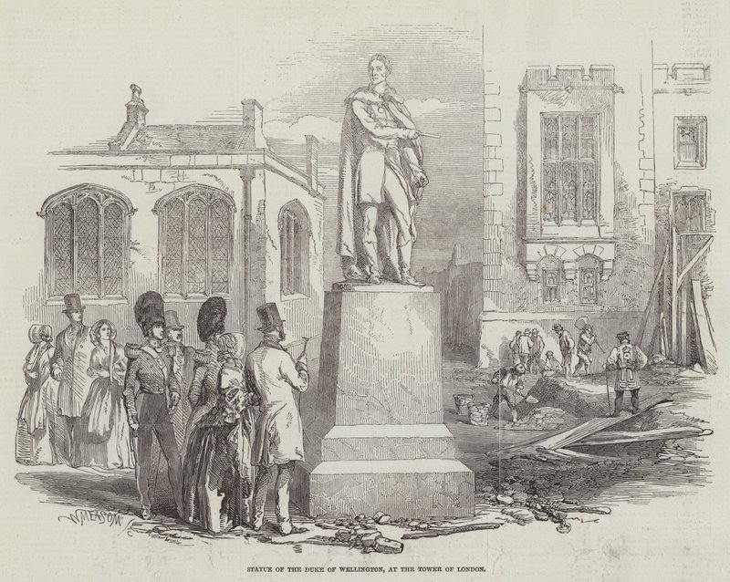 Statue af hertugen af Wellington, ved Tower of London (gravering) af English School