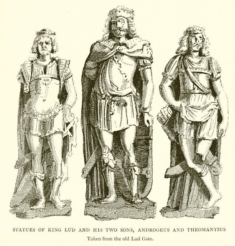 Statuer af kong Lud og hans to sønner, Androgeus og Theomantius af English School