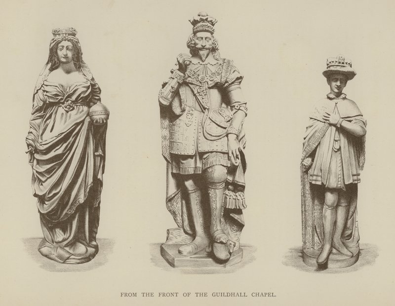 Statuer af dronning Elizabeth I, kong Charles I og kong Edward VI fra forsiden af Guildhall Chapel, City of London af English School