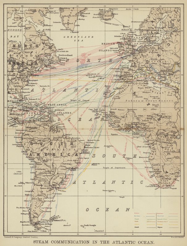 Dampkommunikation i Atlanterhavet (farve litho) af English School