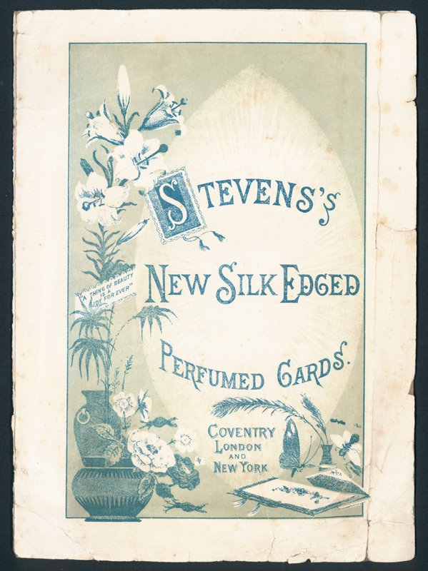 Stevenss silkekantede parfumerede kort, Coventry, London og New York. Billedteksten lyder: En ting af skønhed er en glæde for evigt. Victoriansk reklame. af English School