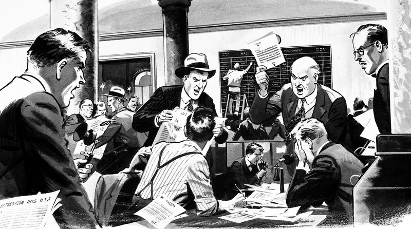 Børsmæglerkontor under Wall Street-krakket i 1929 af English School