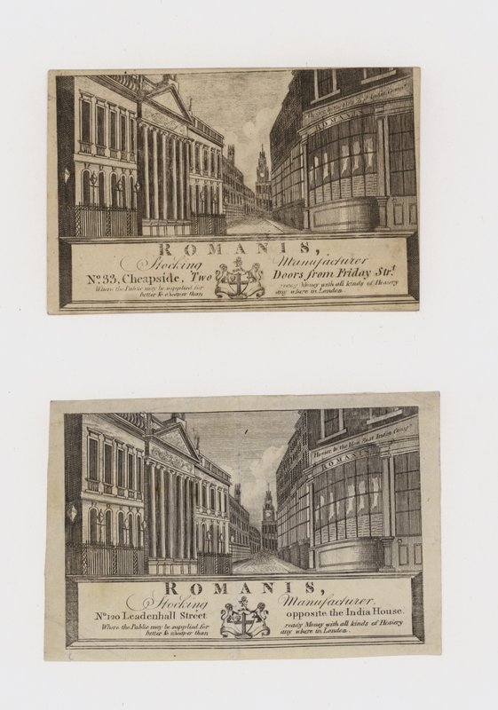 Strømpeproducenter, Romanis, på Cheapside og derefter på Leadenhall Street, handelskort af English School