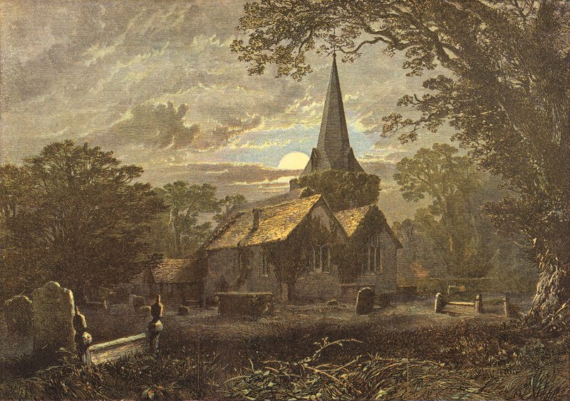 Stoke Poges kirkegård, scene for Grays Elegy (kobberstik) af English School