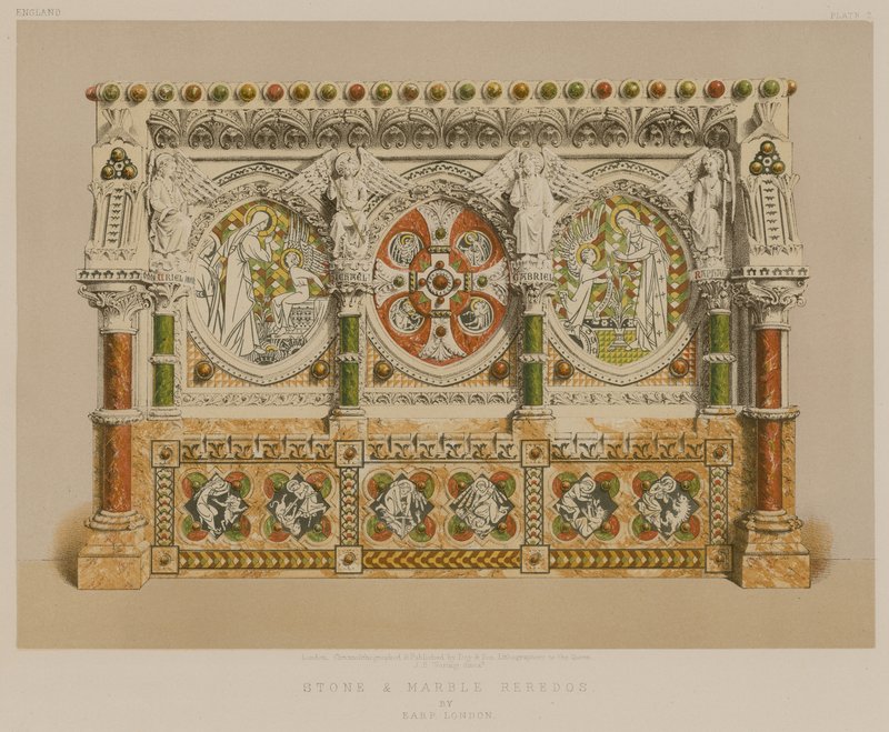 Sten- og marmorretabel af Earp, London (chromolitho) af English School
