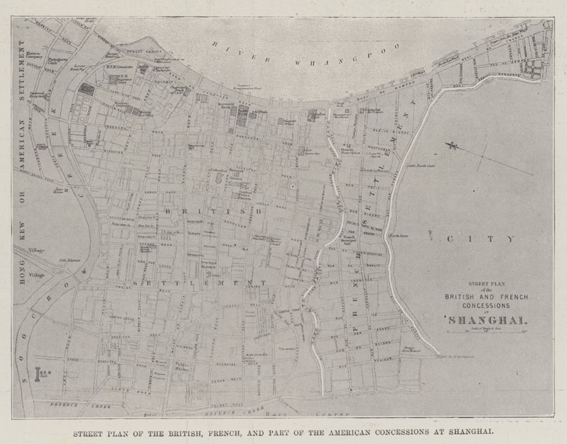 Gadeplan for de britiske, franske og en del af de amerikanske koncessioner i Shanghai (gravering) af English School
