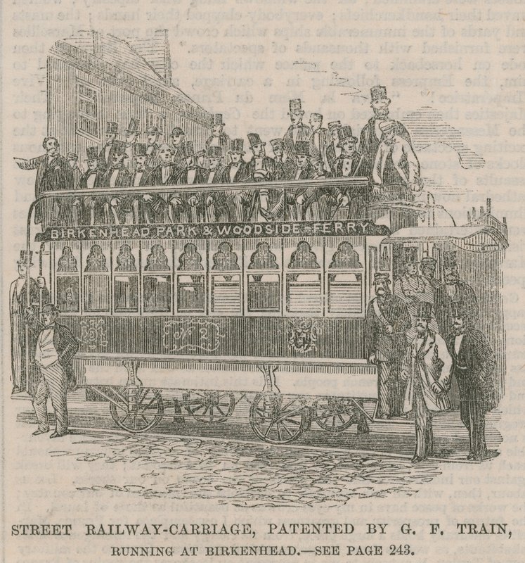 Gadejernbanevogn, patenteret af G F Train, kører ved Birkenhead af English School